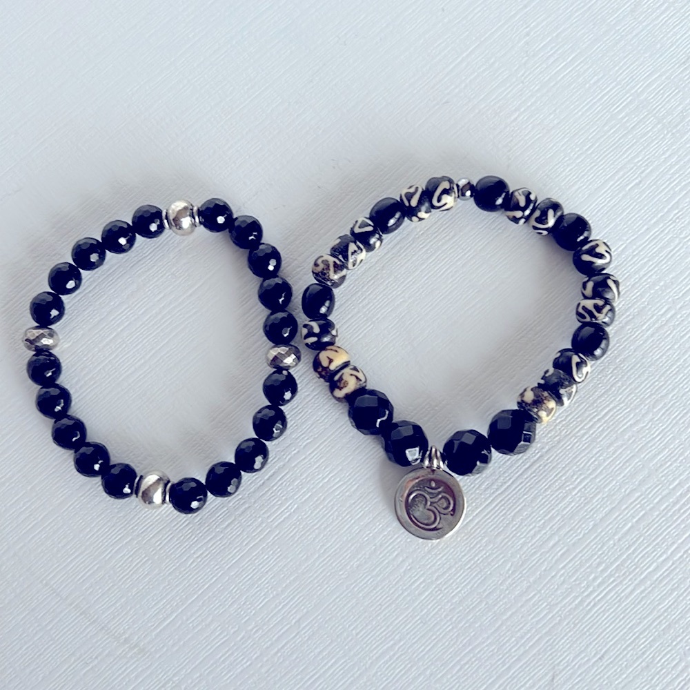 Yoga Ohm Black and Silver Beaded Bracelet. Stretch 6 1/2 inches Natural Gemstone
